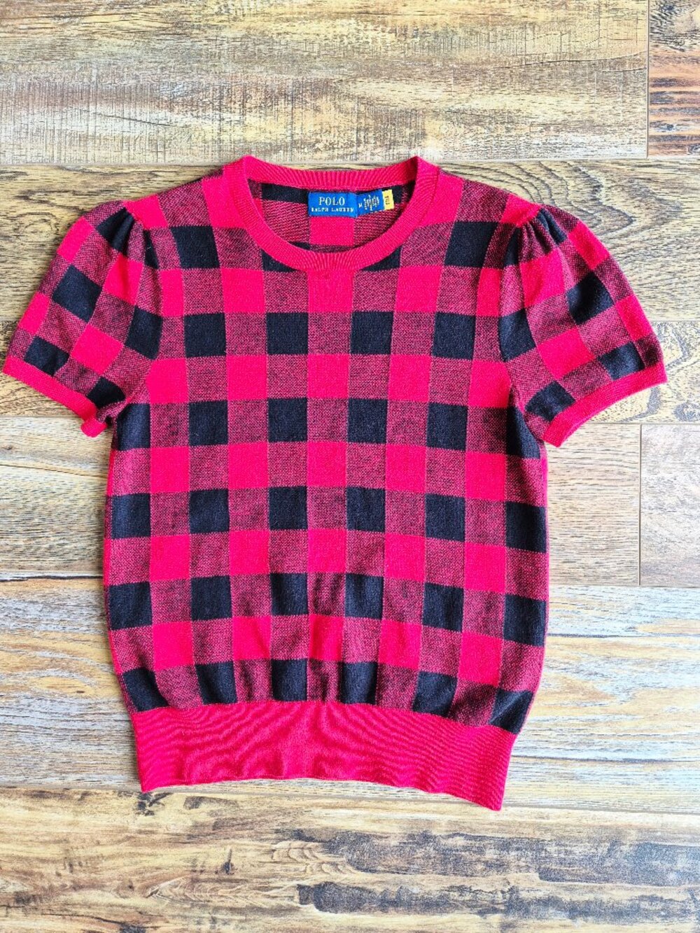 Polo Ralph Lauren Cotton Wool Red Black Buffalo Plaid Short Sleeve Sweater Top